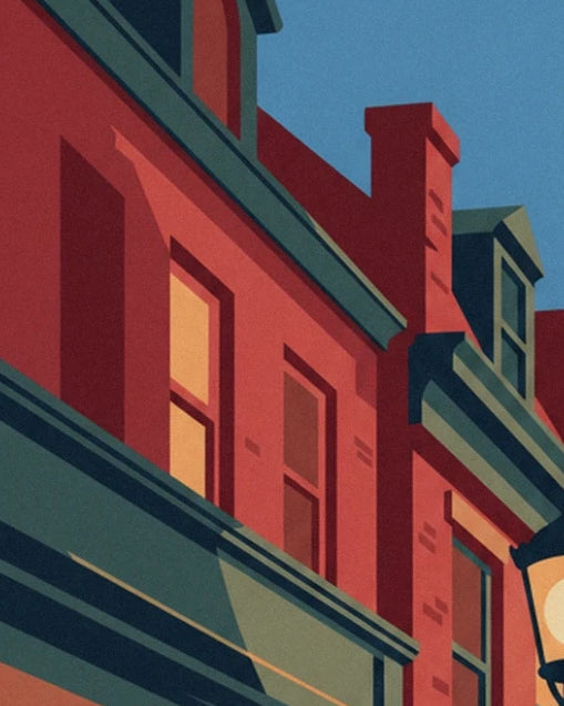 Les façades rouges aux fenêtres dorées, la cheminée et les corniches vert sombre