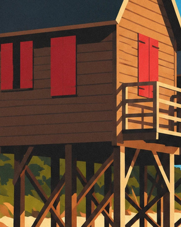 The wooden cabin with red shutters, its balcony and criss-crossed stilts