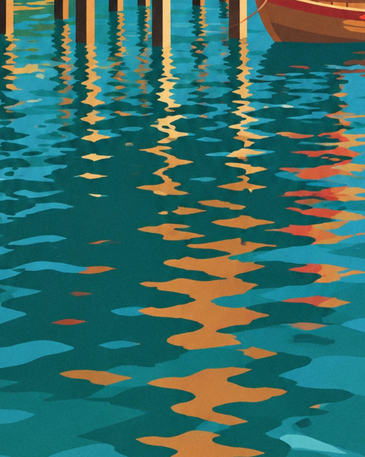 Golden reflections of the stilts and red touches from the boat on the water