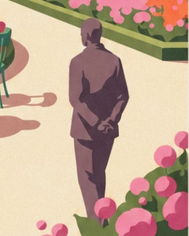 A walker in a dark suit with his hands clasped behind his back near the pink flowers
