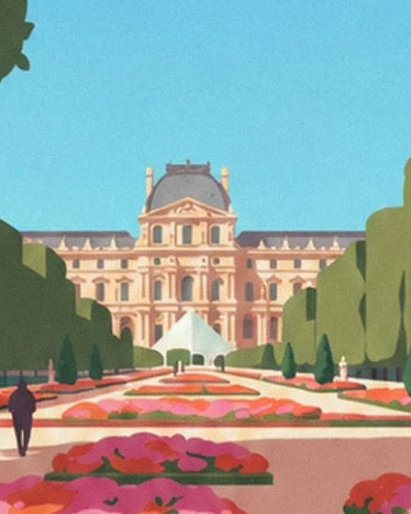 The Louvre and its pyramid behind the pink and red flowerbeds of the jardin des Tuileries