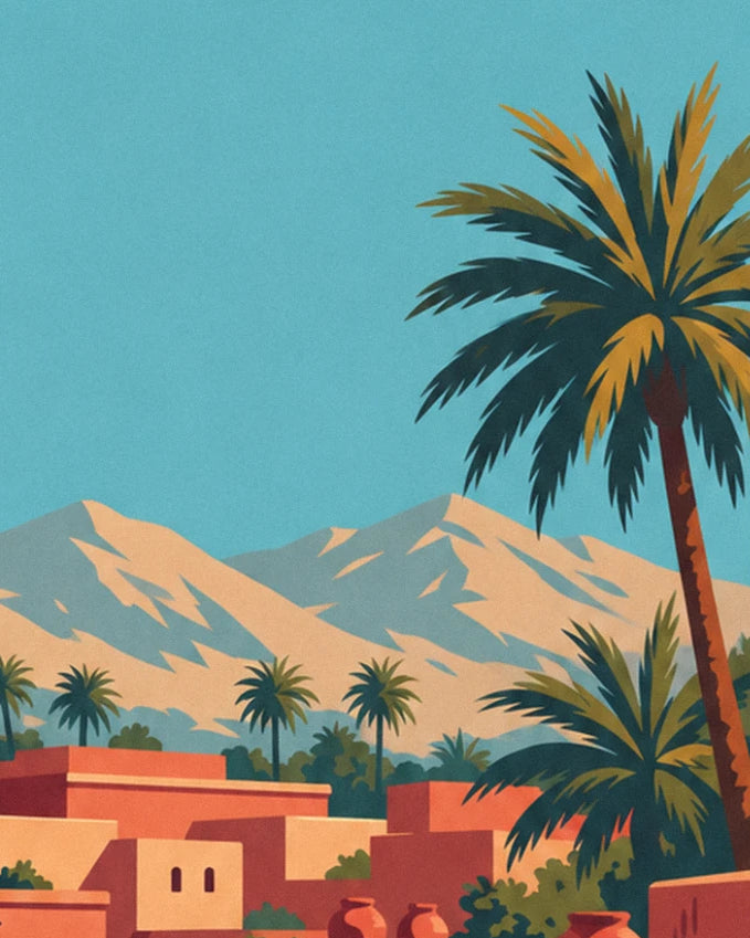 A tall palm tree in front of the Atlas mountains and the flat rooftops of the medina