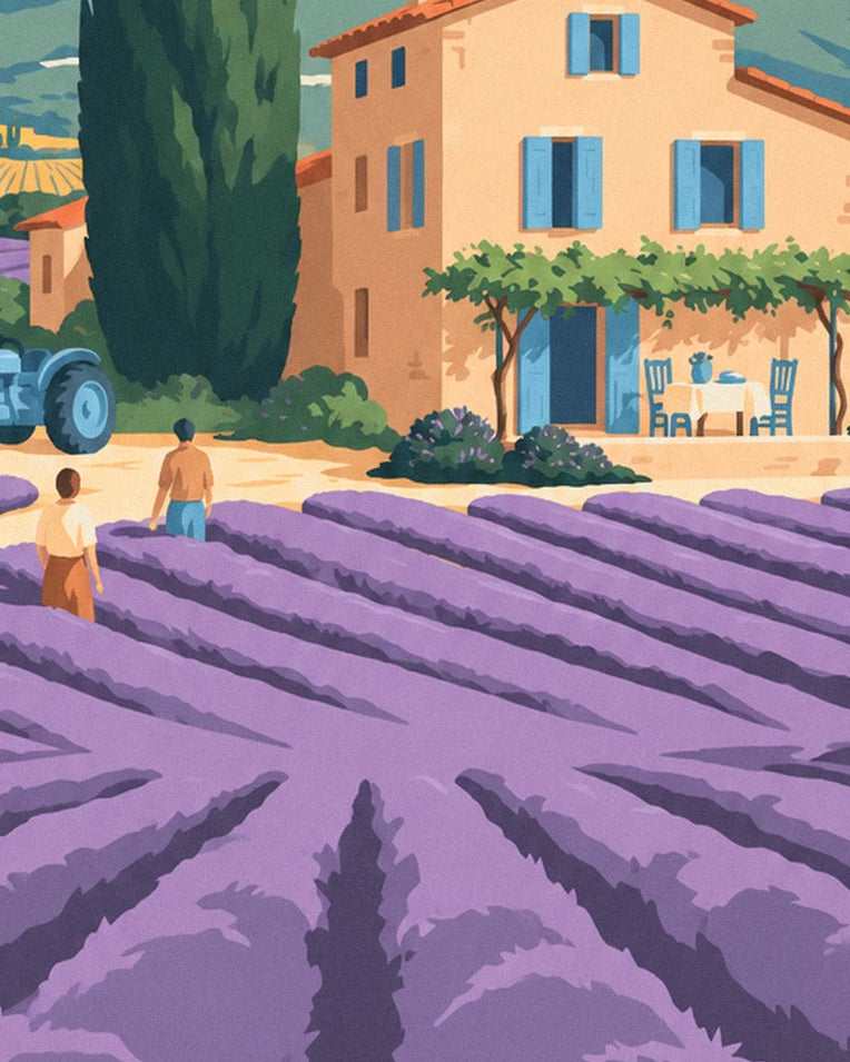 Affiche mas provençal dans les champs de lavande : détail en gros plan