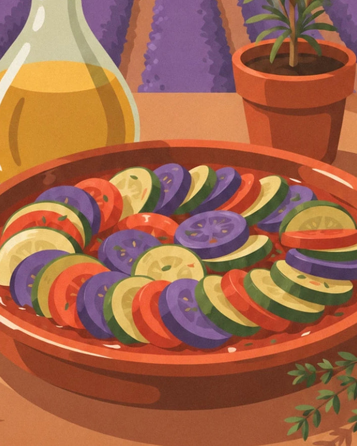 The ratatouille with colourful slices in its terracotta dish, beside the pot of herbs