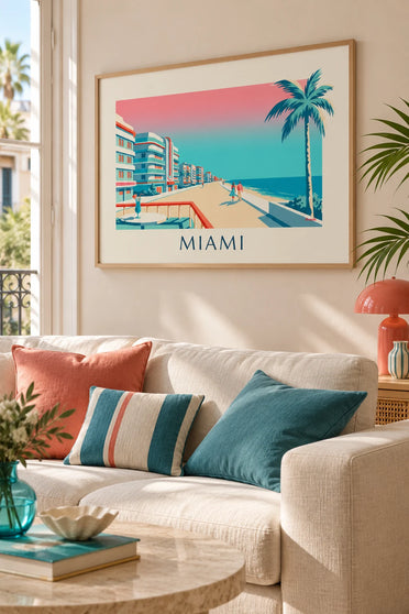 Miami Ocean Drive cocktail and palm trees poster : framed on the wall