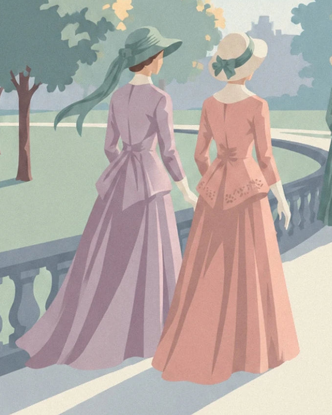 Les 2 dames en robes longues mauve et rose, coiffées de chapeaux près de la balustrade du parc