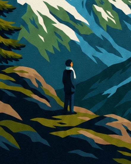 Hiker with a white scarf, seen from behind on a flat patch of ochre grass, facing green and blue slopes