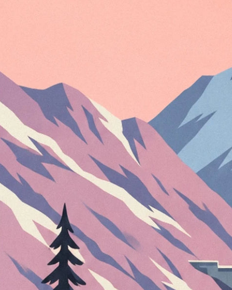 Small fir tree on the pink and mauve slope beneath a sunset sky