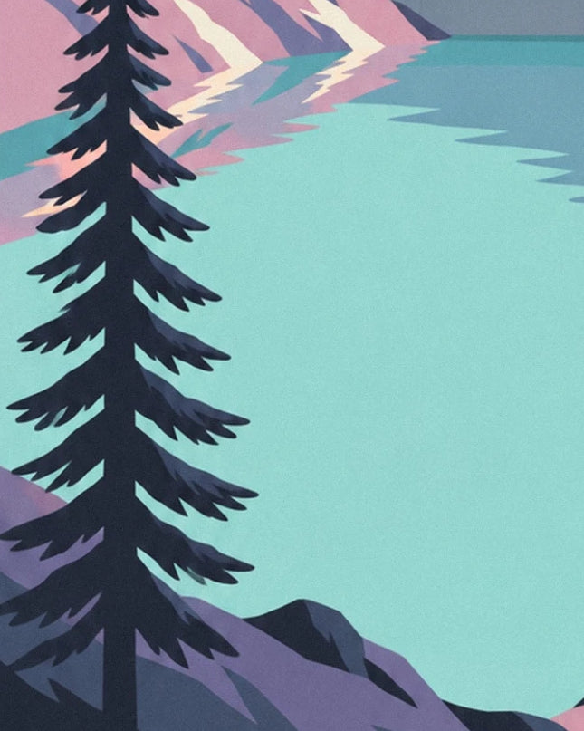Large dark fir tree beside the turquoise lake and its pink reflections