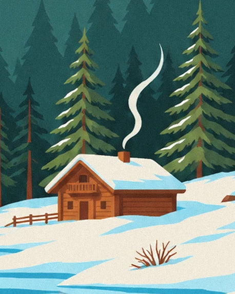The chalet with its snow-covered roof, smoking chimney and surrounding fir trees