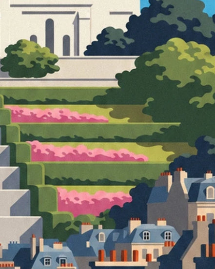 Pink flowerbeds and terraced hedges above the rooftops of Montmartre