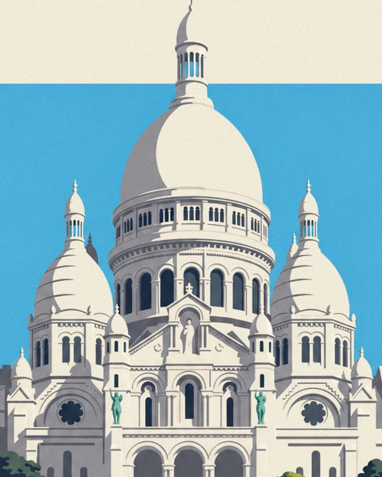 The ivory domes of Sacré-Cœur and its green statues against a blue sky