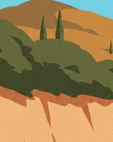 Cypresses and green bushes above the ochre coastal cliff