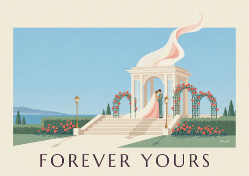 Newlywed couple embracing under rose arches poster: the full poster