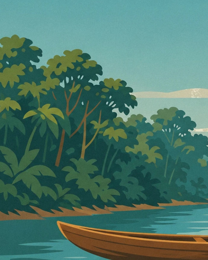 La pointe en bois de la pirogue devant la forêt dense et les eaux turquoise