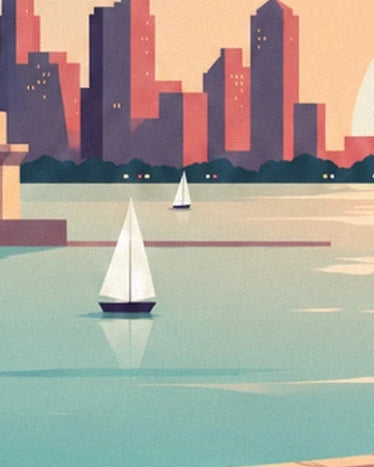 Les 2 voiliers blancs sur l’eau turquoise devant les immeubles aux façades orangées