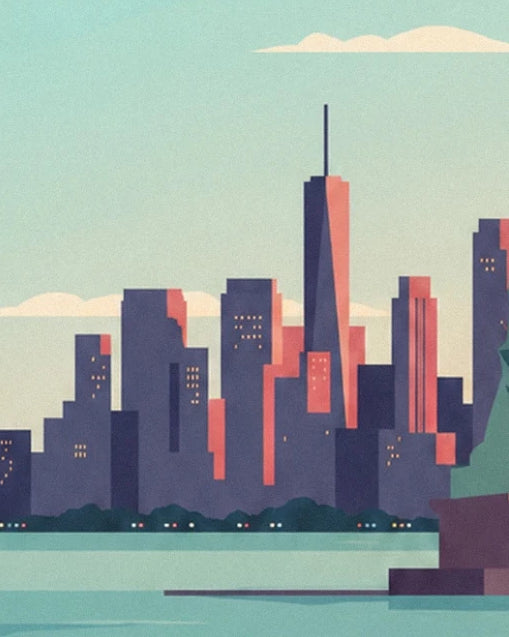 Les gratte-ciel bleu sombre et corail de New York au bord de l’eau turquoise