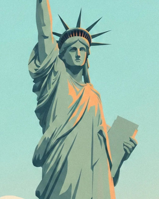 La statue de la Liberté couronnée, sa tablette à la main et sa robe vert cuivré