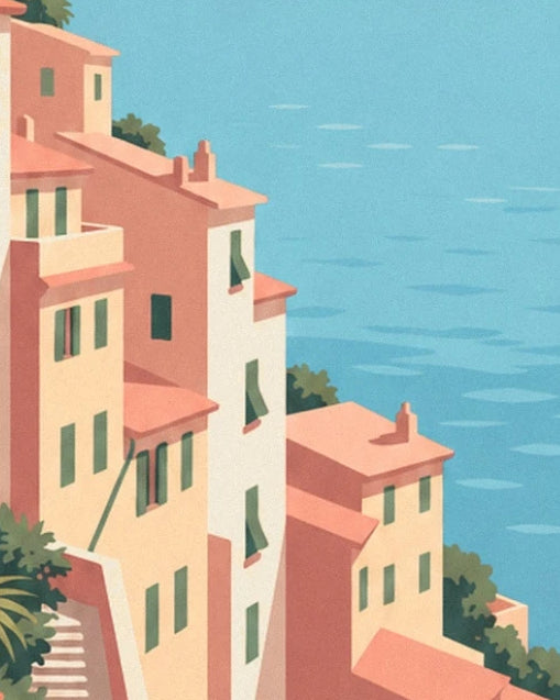 Les maisons aux toits corail et volets verts sur les hauteurs de Nice, face à la mer azur