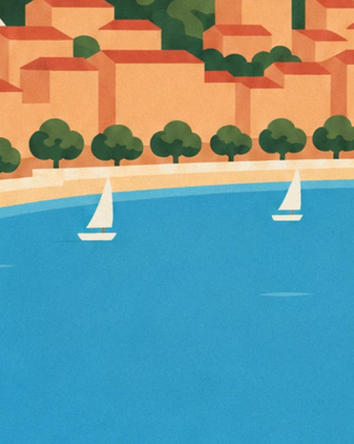 Blue bay with 2 white sailing boats, a sandy beach and a row of round trees