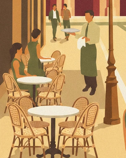 The waiter with a tray and the women customers among the terrace tables and chairs