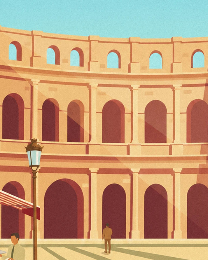 The ochre arches of the arènes de Nîmes and a street lamp beneath the blue sky