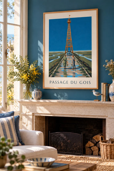 Refuge beacon and shore fishers on the Passage du Gois poster : framed on the wall