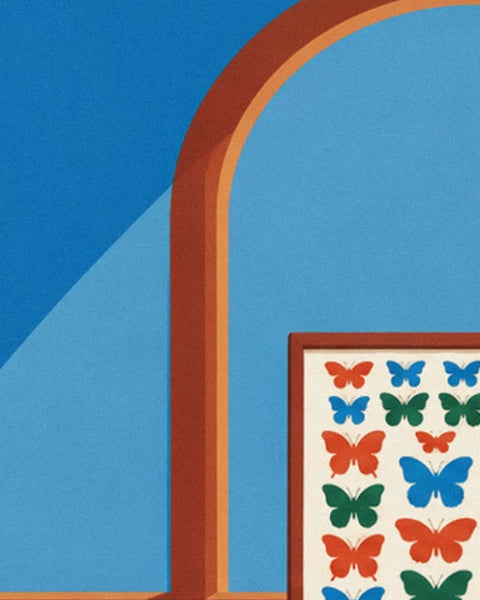 An arch with orange outlines on a blue wall and a display of multicoloured butterflies