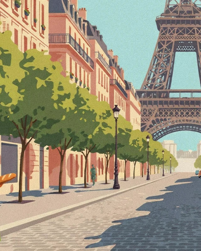 Avenue pavée bordée de platanes verts et d'immeubles roses, sous la tour Eiffel