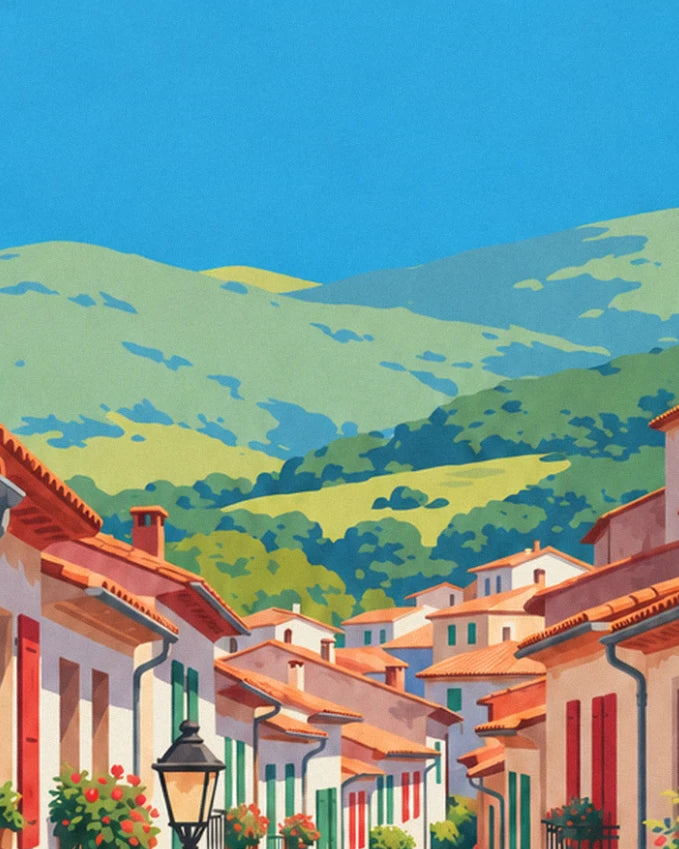 The village's tiled roofs and red and green shutters, facing the hills