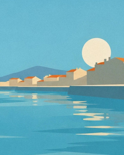 The houses with orange roofs facing the harbour beneath a large pale sun