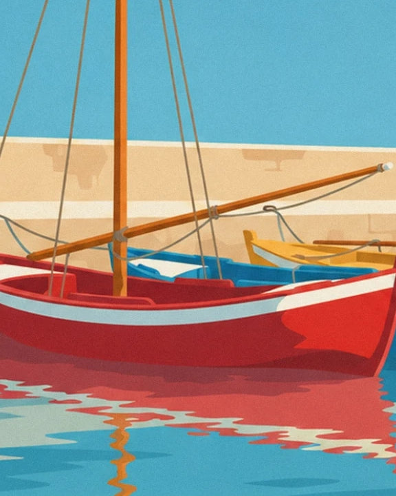 The red and blue pinasse boats, their masts and reflections in the harbour of Arcachon