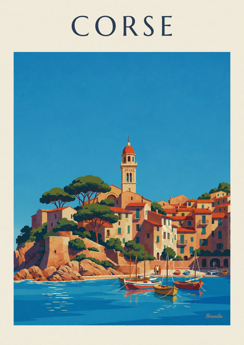 Poster of a Corsican coastal village and its little harbor on the Mediterranean: the full poster