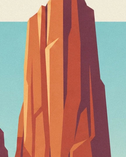 A tall orange rock spire with sides streaked by purple shadows