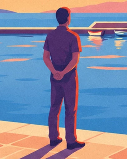 Un homme de dos, les mains croisées derrière lui, face à la mer bleue