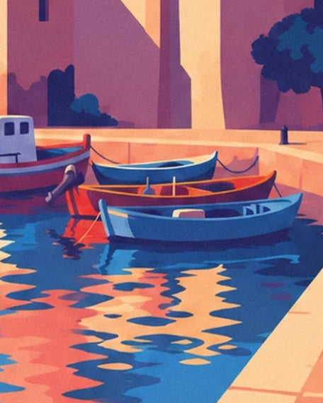 Les barques bleues et rouges amarrées au quai, parmi les reflets dorés et roses