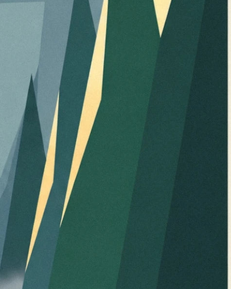 Fir trees in flat shades of green, lit by golden glimmers in the grey mist
