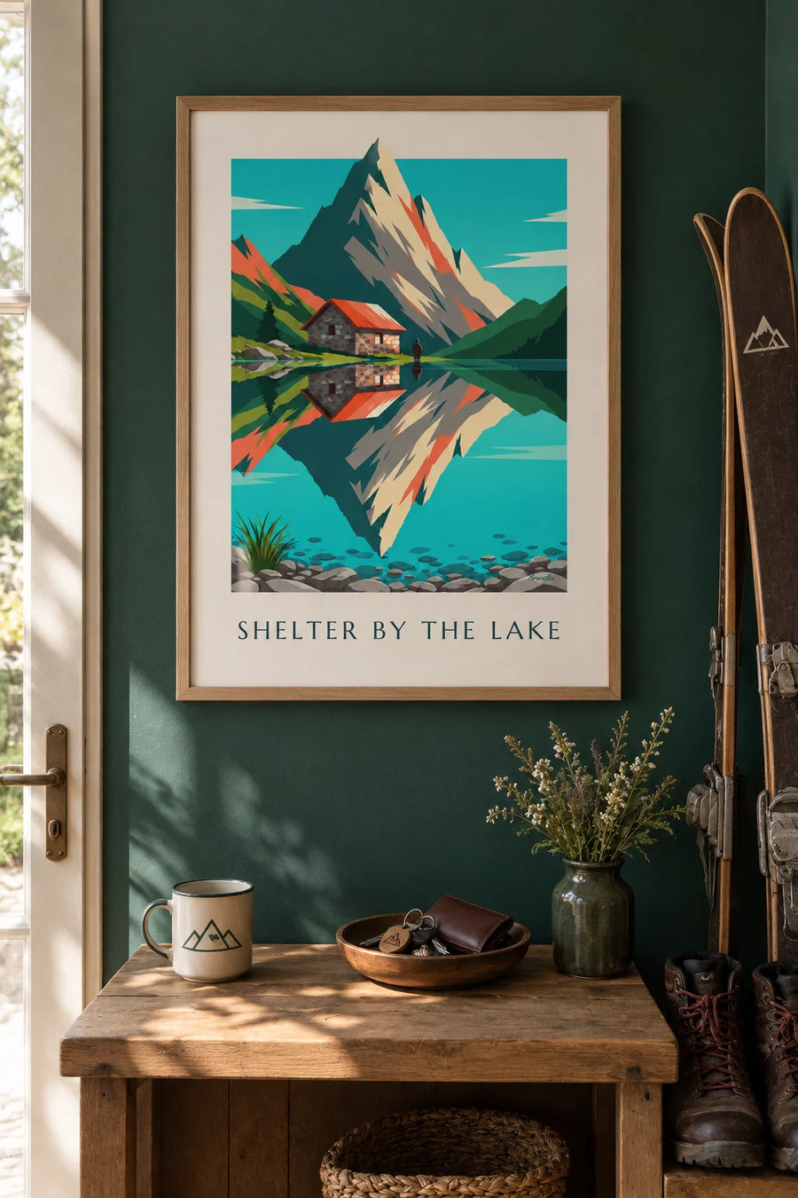 Poster of a stone mountain hut by an alpine lake: framed on the wall