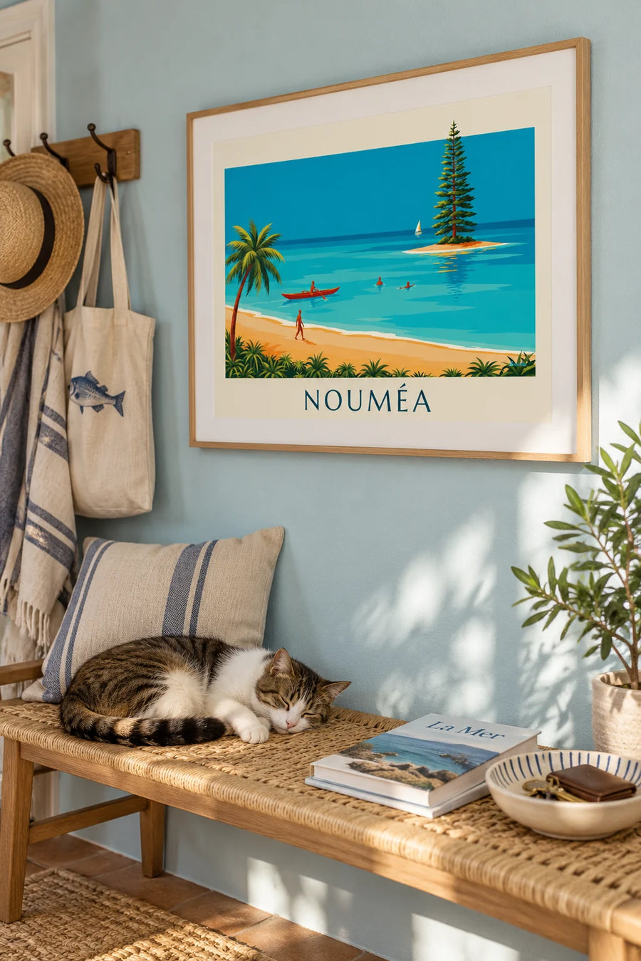 Poster of an outrigger canoe and a columnar pine in the Nouméa lagoon: framed on the wall