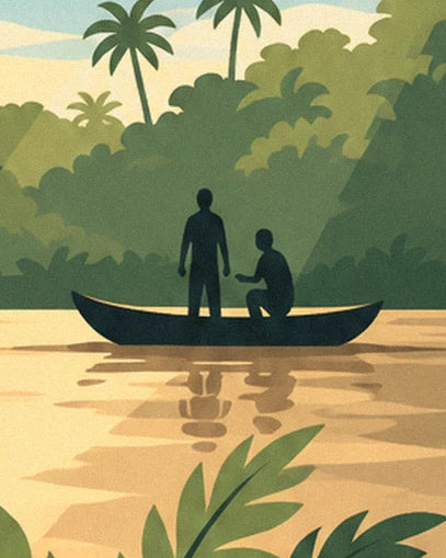Les 2 silhouettes dans une pirogue sur la rivière dorée, devant la jungle verdoyante