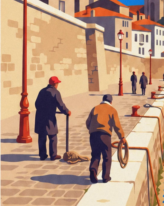A fisherman in a red cap and his colleague carrying a coil of rope on the cobbled quay