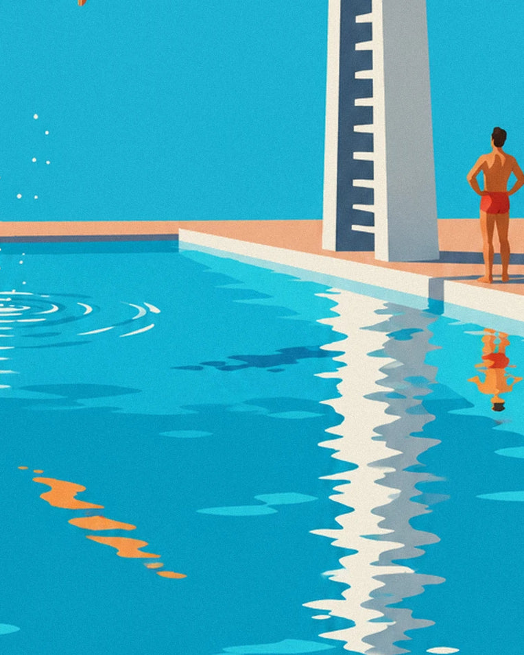 Affiche plongeur en plein plongeon au-dessus d’une piscine : détail en gros plan