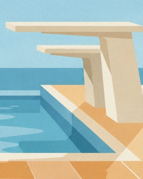 The two beige diving boards beside the blue pool and orange terrace