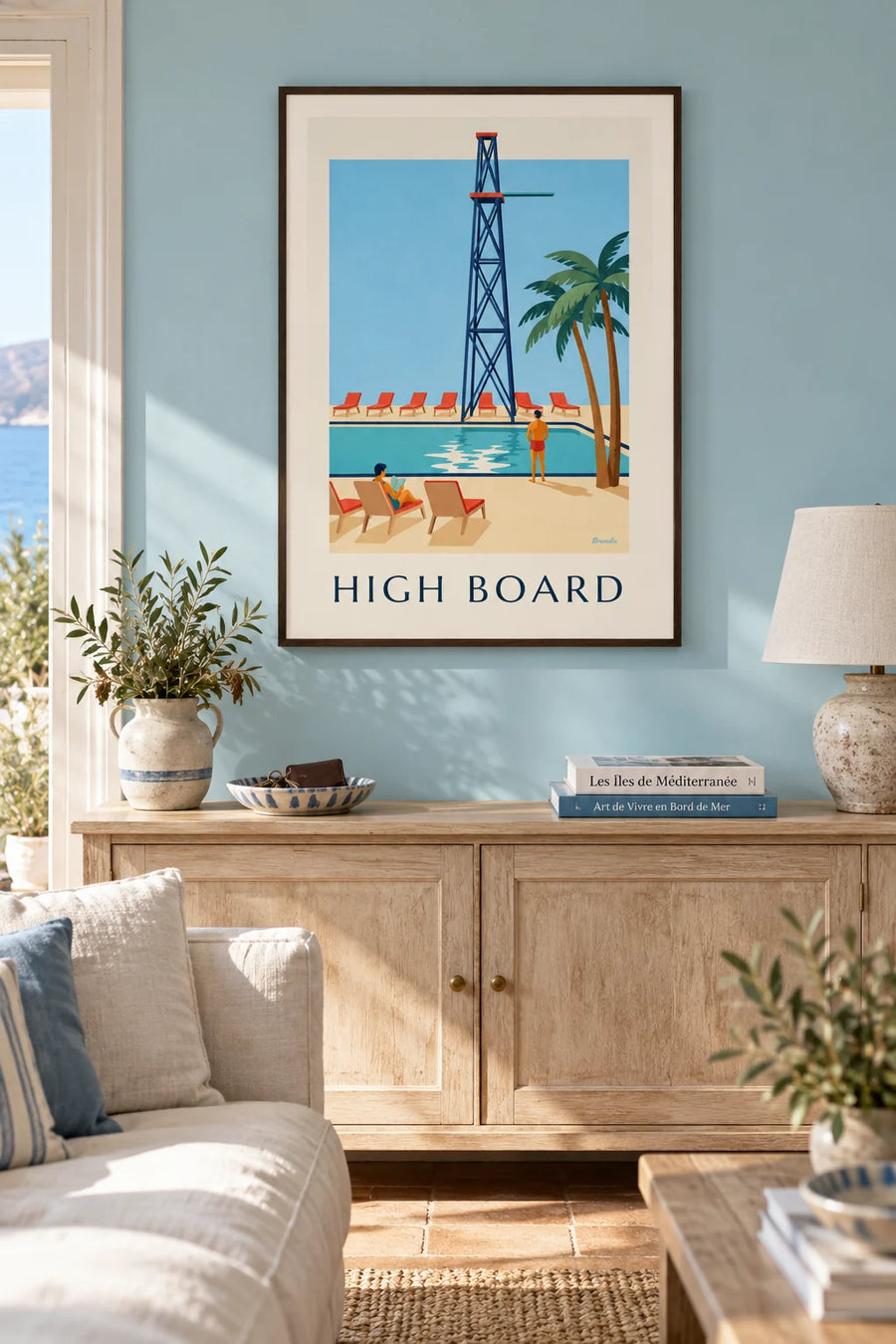 Affiche plongeoir de piscine en plein air sous le soleil : encadrée au mur