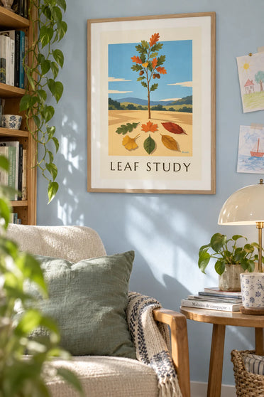 Naturalist plate poster of tree leaves: framed on the wall