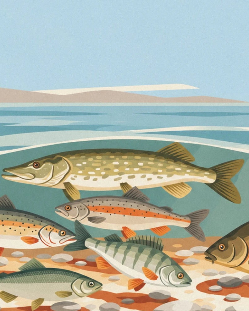 A spotted pike among the river fish above the stony riverbed