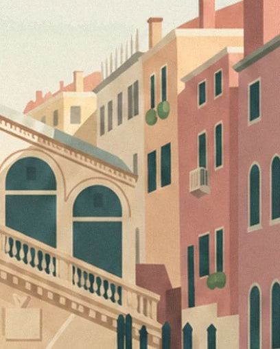 Ochre and pink façades with green shutters behind the Rialto balustrade