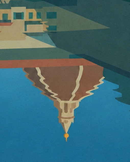 The upside-down reflection of the Duomo dome in the blue waters of the Arno