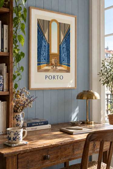 Poster of the azulejos at São Bento station in Porto: framed on the wall