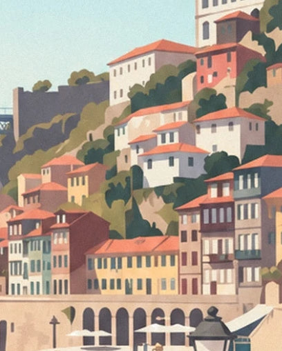 The colourful houses of Porto with red roofs, rising in tiers above the arcaded quays